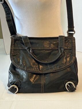FOSSIL BLACK LEATHER & CANVIS MESSAGER CROSSBODY FLAP CLOSURE BAG